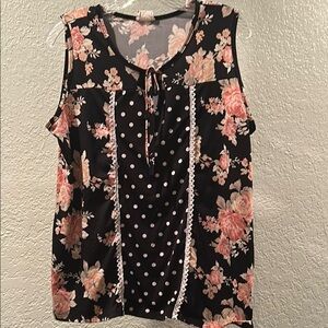 Black and Pink Sleeveless Tie Front Blouse